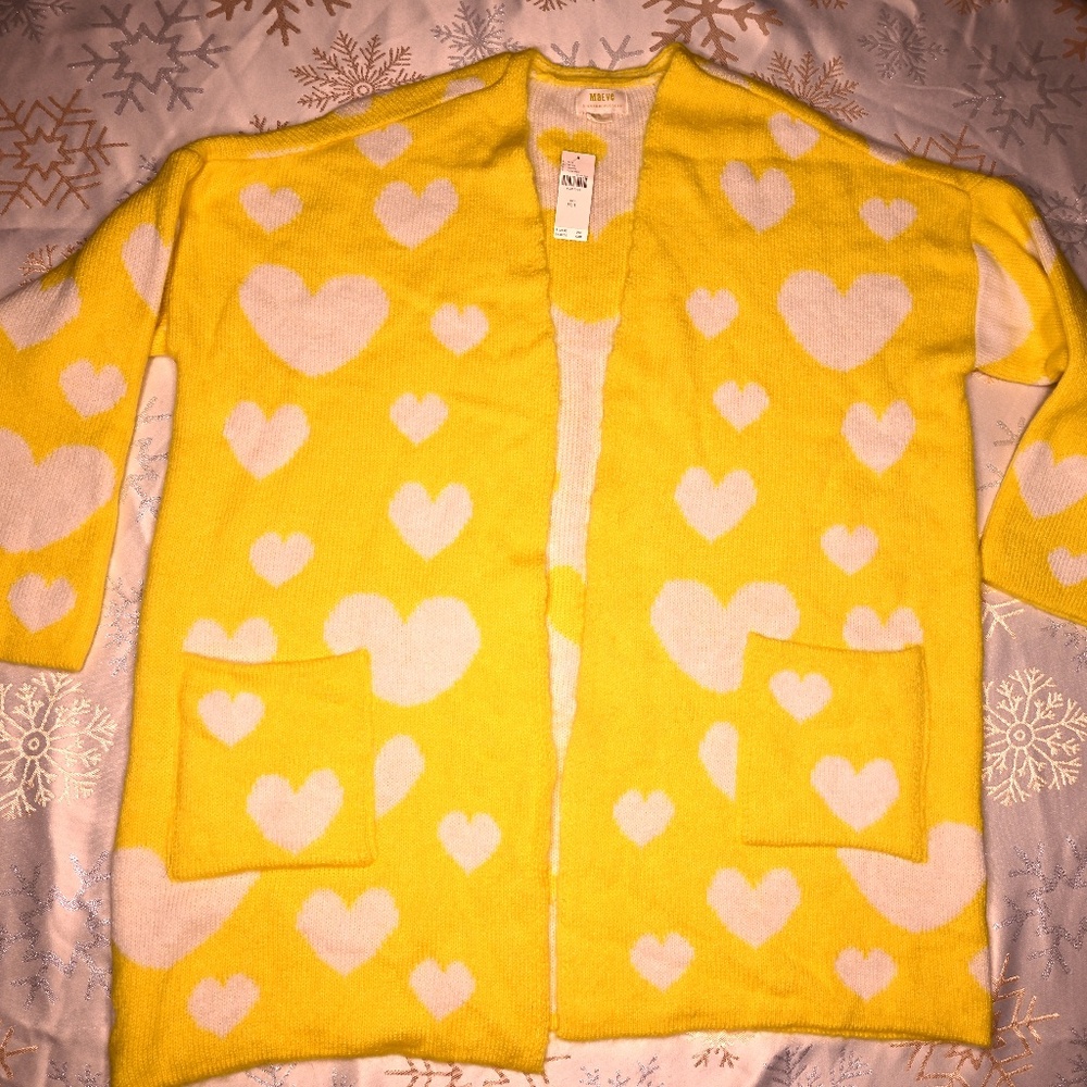 Anthropologie Maeve Oversized Open-Front Yellow Cardigan with White Hearts